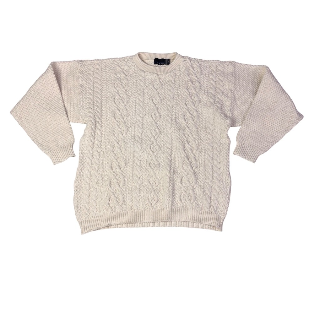 Bill Blass Mens Cream‎ 100% Cotton Cable Knit Sweater XL Hand Framed USA